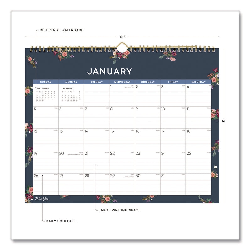 Ashlyn Monthly Wall Calendar, Floral Artwork, 15 x 12, White/Blue/Pink Sheets, 12-Month (Jan to Dec): 2025 (BLS14861725) Each