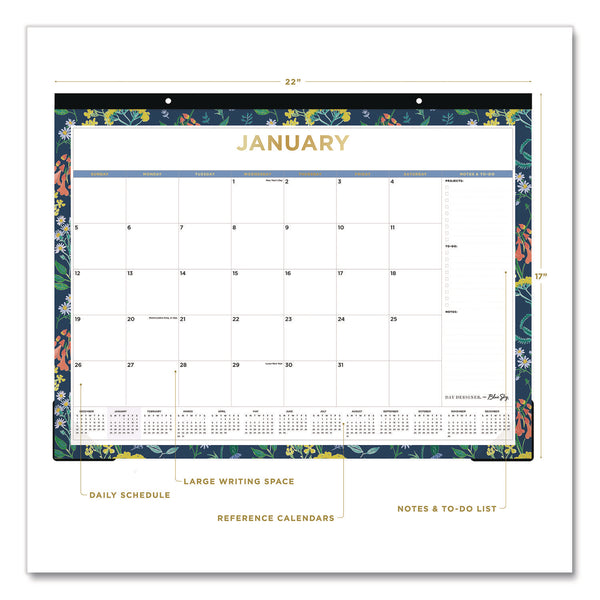 Blue Sky® Meadow Blue Desk Pad Calendar, Floral Artwork, 22 x 17, White/Multicolor Sheet, Black Headband, 12-Month (Jan to Dec): 2025 (BLS14868925) Each