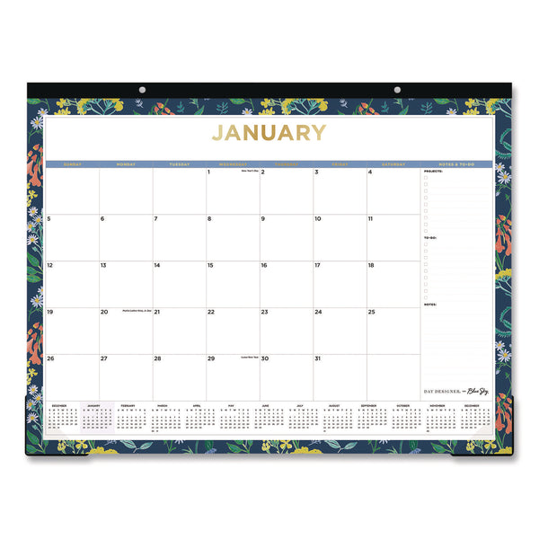 Blue Sky® Meadow Blue Desk Pad Calendar, Floral Artwork, 22 x 17, White/Multicolor Sheet, Black Headband, 12-Month (Jan to Dec): 2025 (BLS14868925) Each