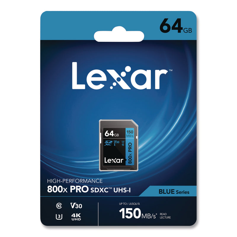 Lexar™ High-Performance PRO BLUE Series SDXC Memory Card, UHS-I V30 U1 Class 10, 64GB (LXRLSD800P64GBN) Each
