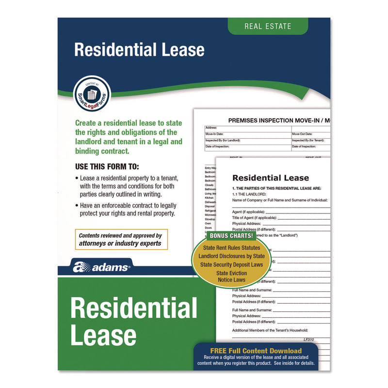 Adams Business Forms Residential Lease Form Sets with Instructions and Free Download, One-Part (No Copies), 8.5 x 11, 4 Forms/Set, 4 Sets/Pack (ABFLF310) Each