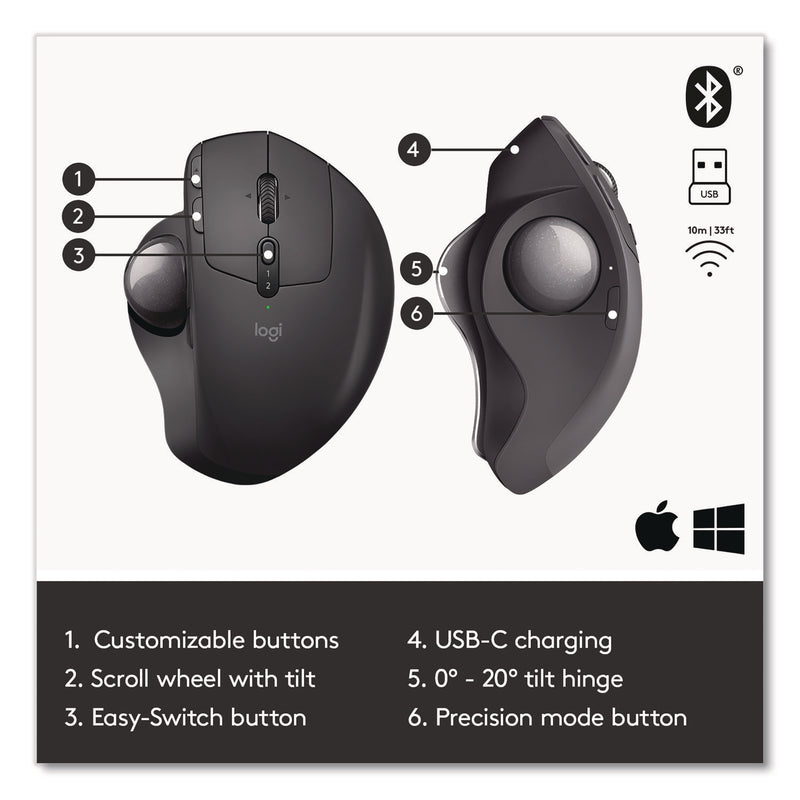 Logitech® MX Ergo Plus Advanced Wireless Trackball Mouse, 2.4 GHz Frequency/33 ft Wireless Range, Right Hand Use, Black (LOG2764655) Each