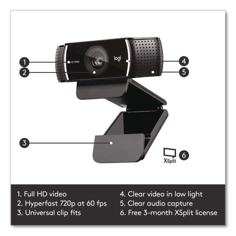 Logitech® C922 Pro Stream Webcam, 1920 pixels x 1080 pixels, 3 Mpixels, Black (LOG2843756) Each