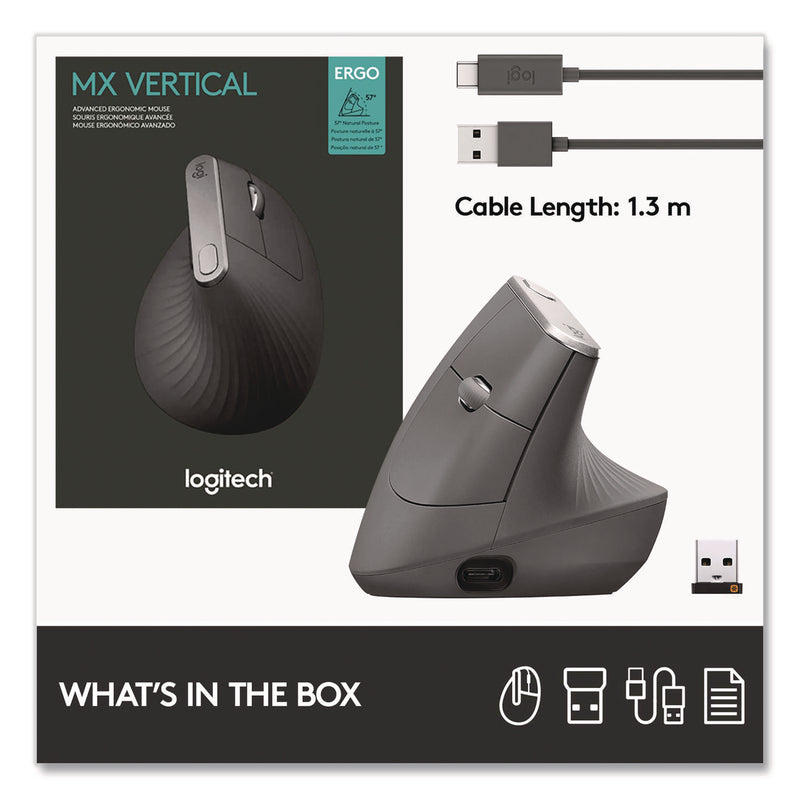 Logitech® MX Vertical Advanced Ergonomic Mouse, 2.4 GHz Frequency/33 ft Wireless Range, Left/Right Hand Use, Graphite (LOG24342520) Each