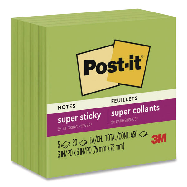 Post-it® Super Sticky Pads in Energy Boost Collection Colors, 3 x 3, Limeade, 90 Sheets/Pad, 5 Pads/Pack (MMM70005174100) Pack of 5