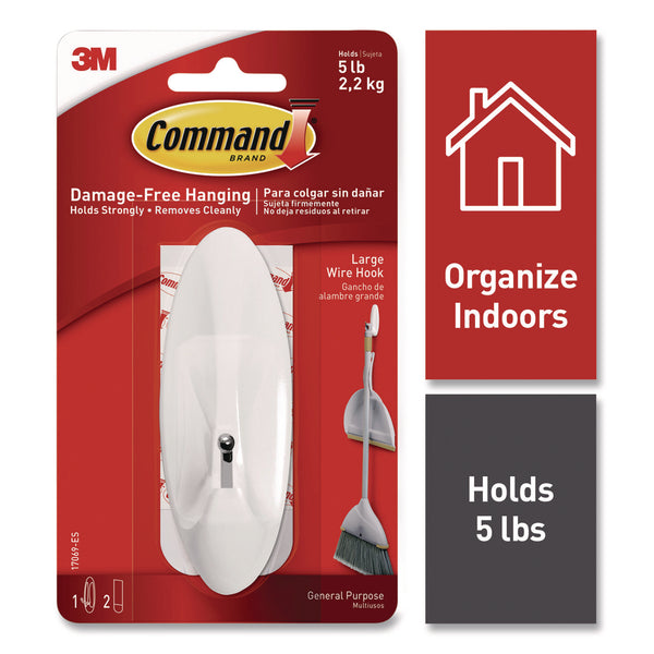 Command® Large Wire Hook, Metal/Plastic, White, Supports 5 lbs (MMM70006903192) Each