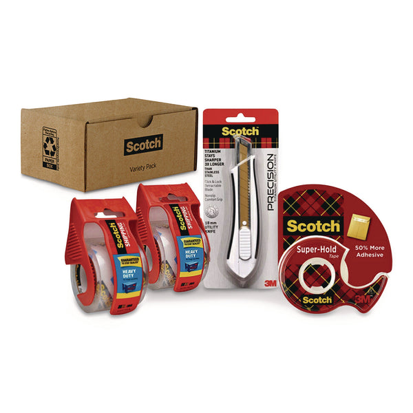 Scotch® Shipping Variety Pack, (2) Rolls Heavy Duty Shipping Tape, (1) Roll Super-Hold Tape, (1) Precision Cutter (MMMSHIPPINGSIOC) Each