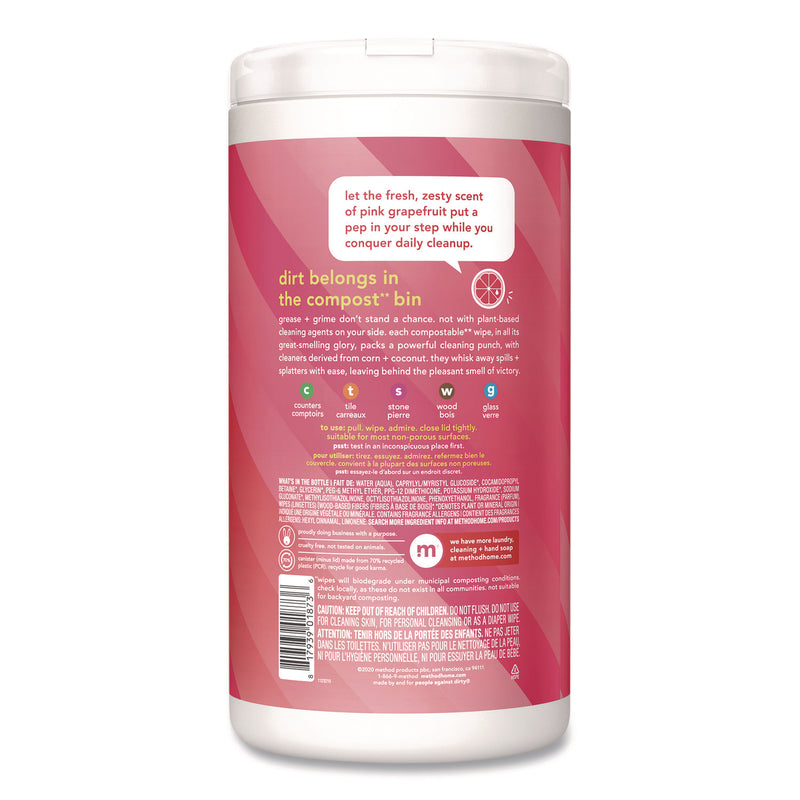 Method® All Purpose Cleaning Wipes, 1 Ply, Pink Grapefruit, White, 70/Pack (MTH365347) Pack of 70