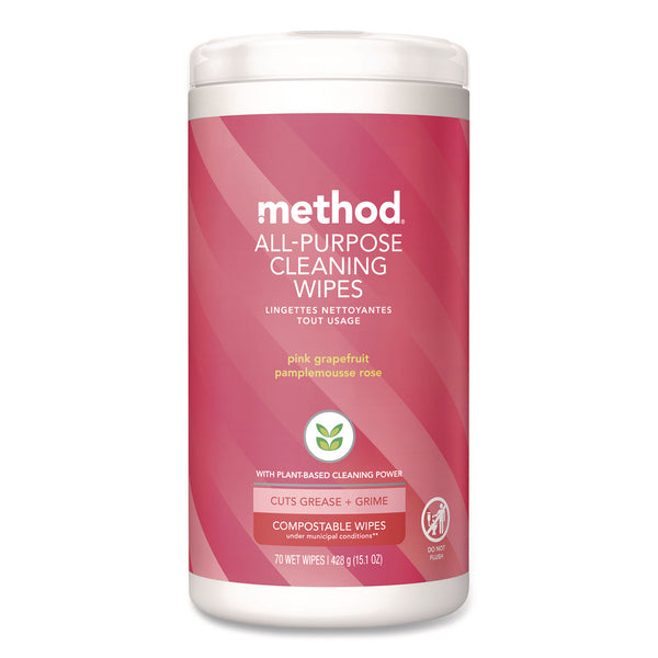Method® All Purpose Cleaning Wipes, 1 Ply, Pink Grapefruit, White, 70/Pack (MTH365347) Pack of 70