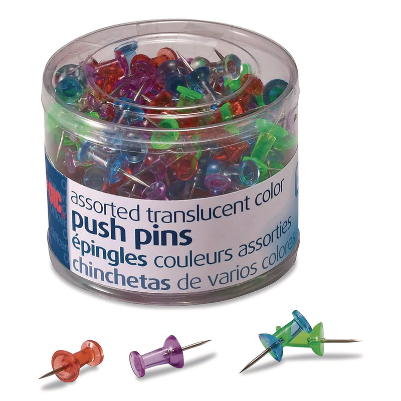Officemate Push Pins, Assorted Plastic Head, 0.5" Pin, 200/Pack (OIC614312) Pack of 200