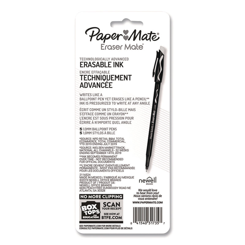 Paper Mate® Eraser Mate Ballpoint Pen, Stick, Medium 1 mm, Red Ink, Red Barrel, 5/Pack (PAP31735) Pack of 5
