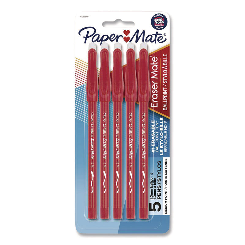 Paper Mate® Eraser Mate Ballpoint Pen, Stick, Medium 1 mm, Red Ink, Red Barrel, 5/Pack (PAP31735) Pack of 5