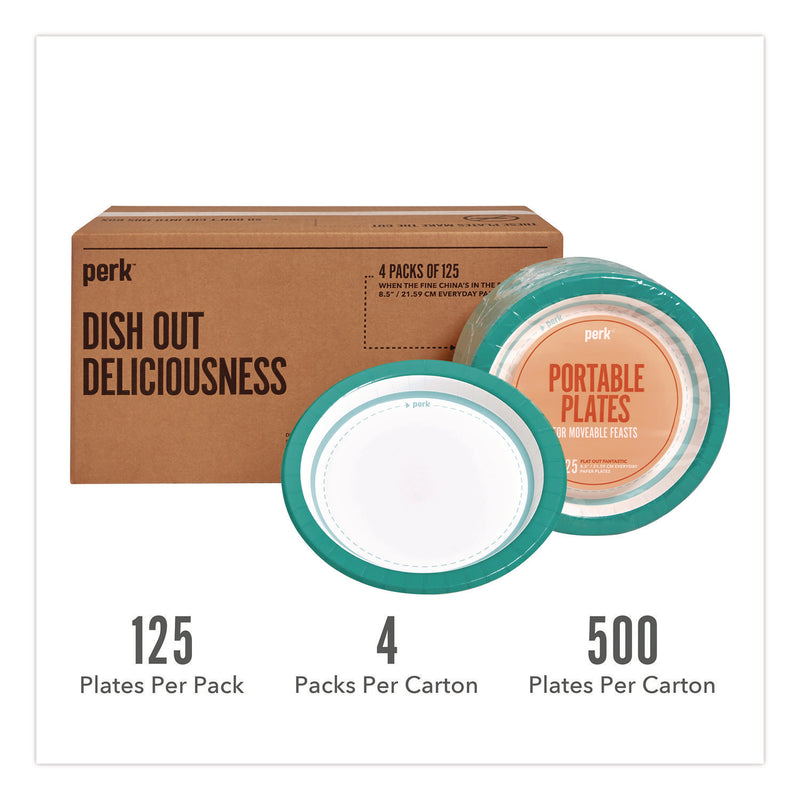 Perk™ Medium-Weight Paper Plates, 8.5" dia, White/Teal, 500/Carton (PRKPK54329CT) Case of 500