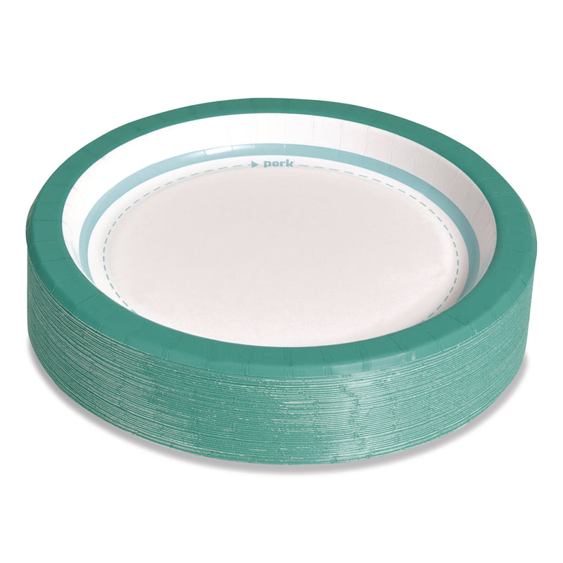 Perk™ Medium-Weight Paper Plates, 8.5" dia, White/Teal, 500/Carton (PRKPK54329CT) Case of 500