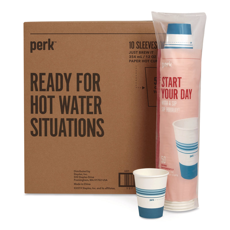 Perk™ Paper Hot Cups, 12 oz, White/Blue, 500/Carton (PRKPK54367CT) Case of 500