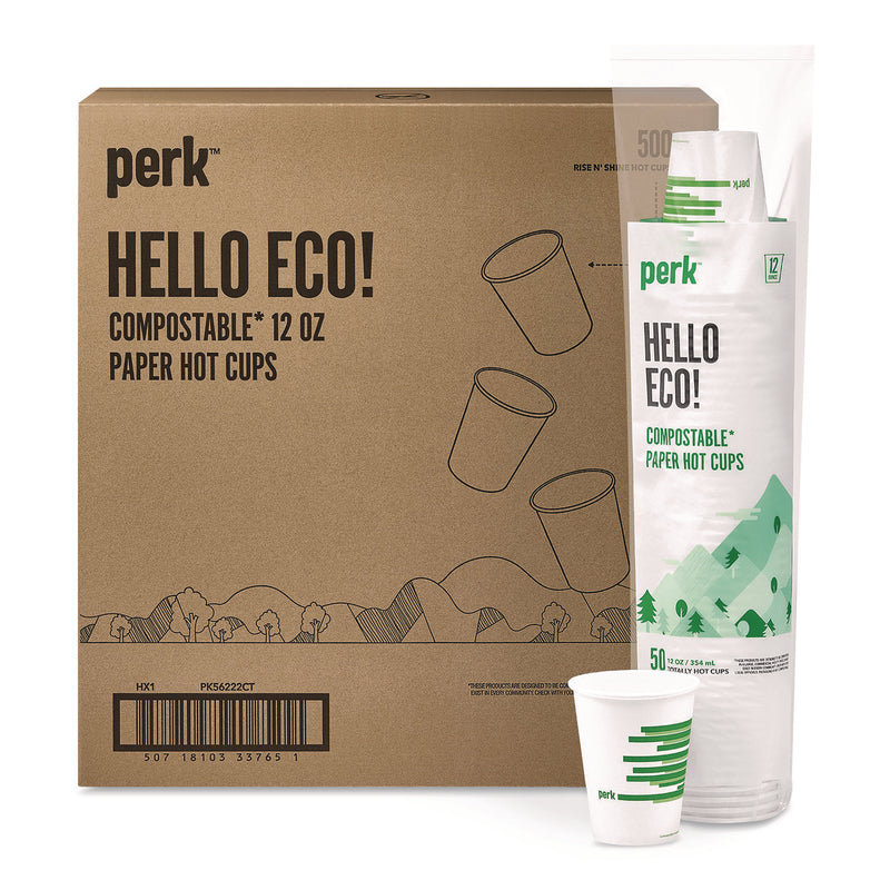 Perk™ Eco-ID Compostable Paper Hot Cups, 12 oz, White/Green, 500/Carton (PRKPK56222CT) Case of 500