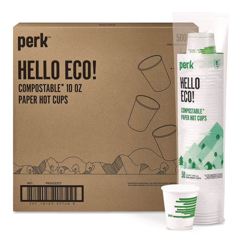 Perk™ Eco-ID Compostable Paper Hot Cups, 10 oz, White/Green, 500/Carton (PRKPK56223CT) Case of 500