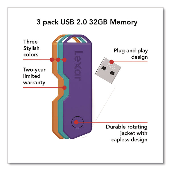 Lexar™ Twist Turn2 USB 2.0 Flash Drive, 32 GB, Orange/Purple/Teal, 3/Pack (LXR24388082) Pack of 3