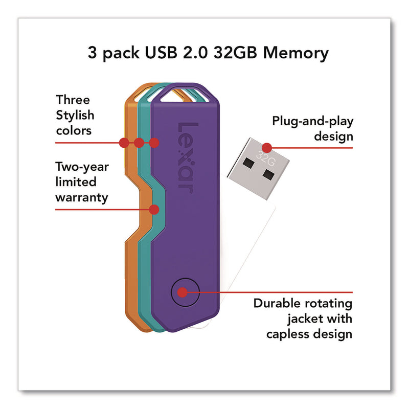 Lexar™ Twist Turn2 USB 2.0 Flash Drive, 32 GB, Orange/Purple/Teal, 3/Pack (LXR24388082) Pack of 3