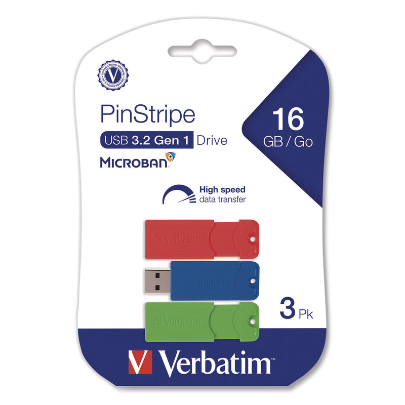 PinStripe USB 3.2 Flash Drive, 16 GB, Blue/Green/Red, 3/Pack (VER70386) Pack of 3