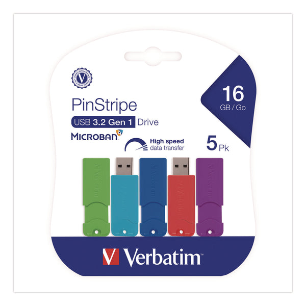 PinStripe USB 3.0 Flash Drive, 16 GB, Assorted Colors, 5/Pack (VER70387) Pack of 5