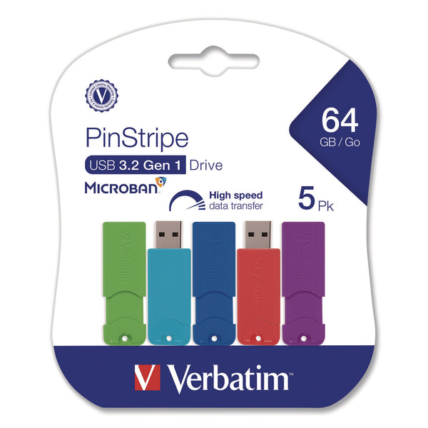 PinStripe USB 3.2 Flash Drive, 64 GB, Assorted Colors, 5/Pack (VER70389) Pack of 5