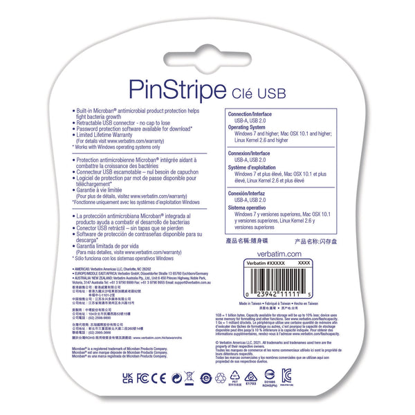 PinStripe USB 2.0 Flash Drive, 128 GB, Blue/Red, 2/Pack (VER70391) Pack of 2