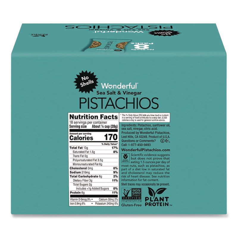 Paramount Farms® Wonderful No Shells Pistachios, Sea Salt and Vinegar, 2.25 oz Bag, 8/Box (WONPAR70033) Box of 8