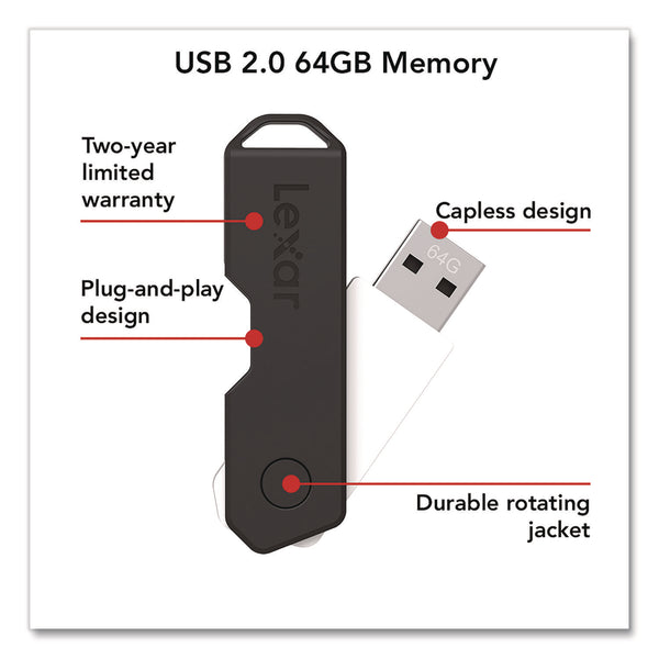 Lexar™ Twist Turn2 USB 2.0 Flash Drive, 64 GB, Black (LXR24388079) Each