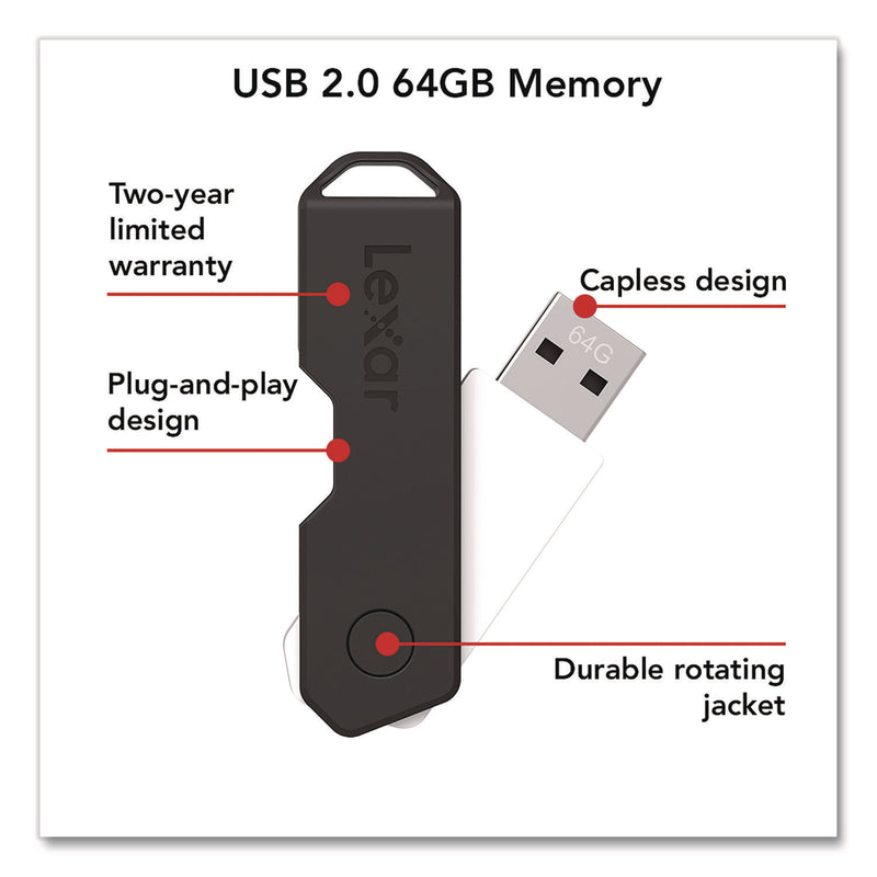 Lexar™ Twist Turn2 USB 2.0 Flash Drive, 64 GB, Black (LXR24388079) Each