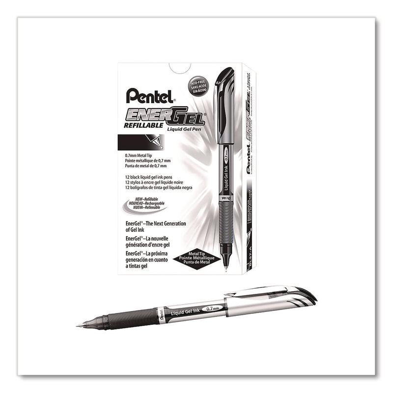 Pentel® EnerGel Deluxe Gel Pen, Stick, Medium 0.7 mm, Black Ink, Silver/Black Barrel, Dozen (PENBL57ADZ) 1 Dozen
