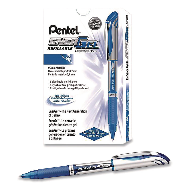 Pentel® EnerGel Deluxe Gel Pen, Stick, Medium 0.7 mm, Blue Ink, Silver/Blue Barrel, Dozen (PENBL57CDZ) 1 Dozen