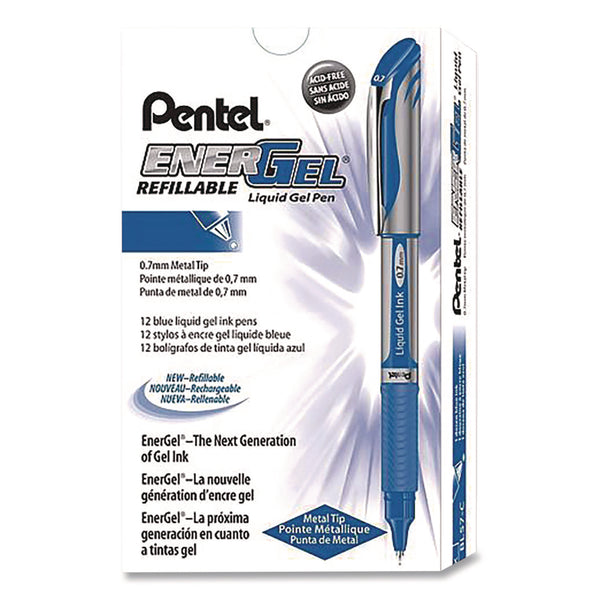 Pentel® EnerGel Deluxe Gel Pen, Stick, Medium 0.7 mm, Blue Ink, Silver/Blue Barrel, Dozen (PENBL57CDZ) 1 Dozen