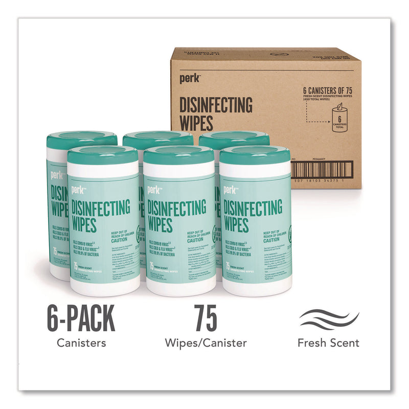 Perk™ Disinfecting Wipes, 7 x 8, Fresh, White, 75 Wipes/Canister, 6/Carton (PRKPK56664CT) Case of 6