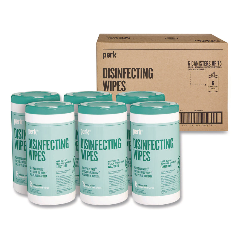 Perk™ Disinfecting Wipes, 7 x 8, Fresh, White, 75 Wipes/Canister, 6/Carton (PRKPK56664CT) Case of 6