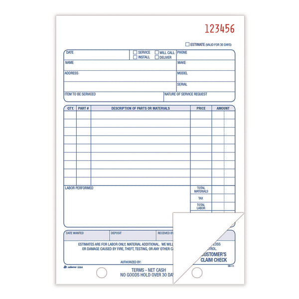 Adams Business Forms Multipart Repair Order Pad, Two-Part Carbonless, 5.56 x 7.94, 50 Forms Total (ABFD5084) Each