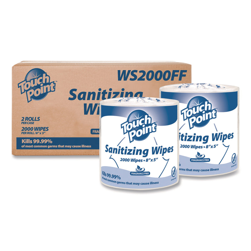 Touch Point® Hand Sanitizing Wipes Refill, 5 x 8, Fragrance Free, White, 2,000 Wipes/Roll, 2 Rolls/Carton (HOSWS2000FF) Case of 2