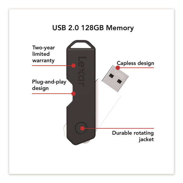 Lexar™ Twist Turn2 USB 2.0 Flash Drive, 128 GB, Black (LXR24388081) Each