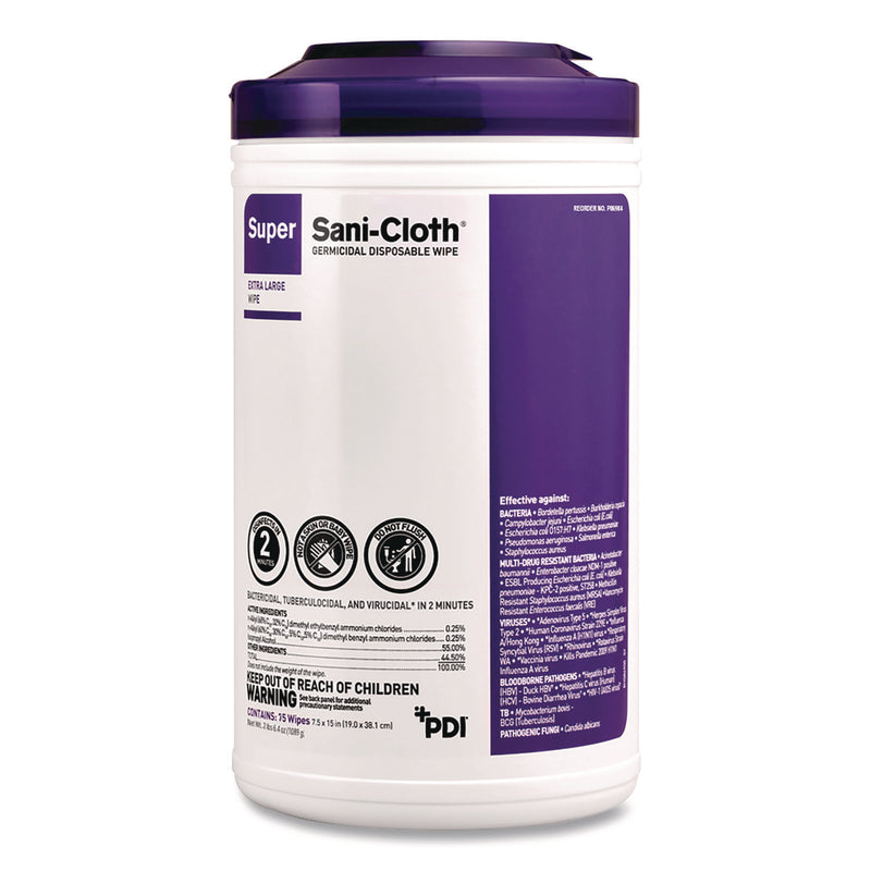 PDI® Super Sani-Cloth Disinfecting Wipes, 15 x 7.5, Unscented, White, 75 Wipes/Canister, 6/Carton (PDIP86984CT) Case of 6