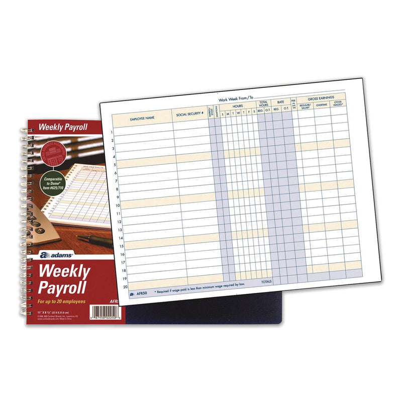 Adams Business Forms Weekly Payroll Record Book for 20 Employees, Two-Page Spread: 36 Columns, Royal Blue Cover, 8.5 x 11 Sheets, 56 Sheets/Book (ABFAFR50) Each