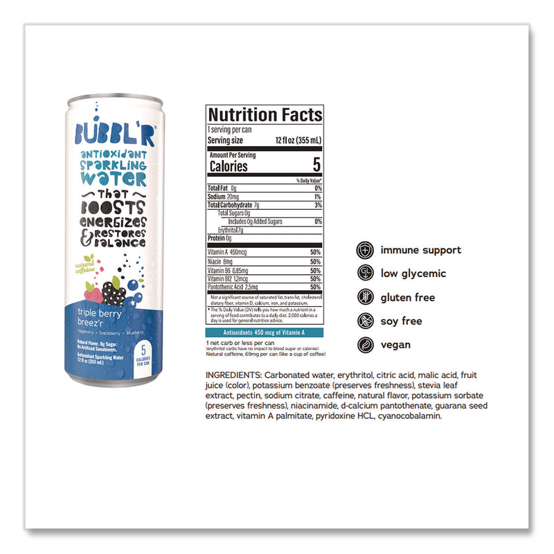 Bubbl'r Antioxidant Sparkling Water, Triple Berry Breez'r, 12 oz Can, 12 Cans/Carton (BBBWIC00028) Case of 12
