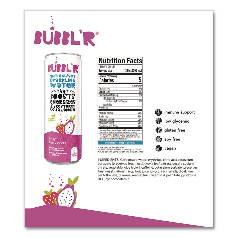Bubbl'r Antioxidant Sparkling Water, Pitaya Berry Nect'r, 12 oz Can, 12 Cans/Carton (BBBWIC39978) Case of 12