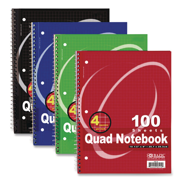 BAZIC® Products Spiral Notebook, Quadrille Rule (4 sq/in), Randomly Assorted Cover Color, (100) 10.5 x 8 Sheets (BAZ514) Each