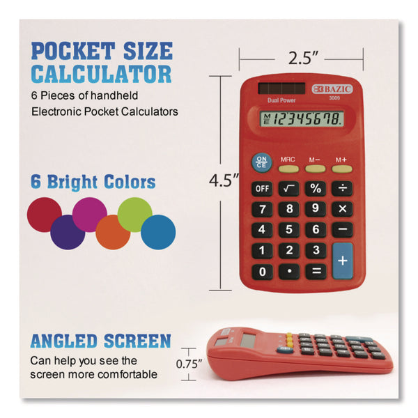 BAZIC® Products Dual Power Pocket Size Calculator, 8-Digit, LCD (BAZ3009) Each