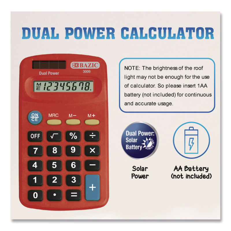 BAZIC® Products Dual Power Pocket Size Calculator, 8-Digit, LCD (BAZ3009) Each