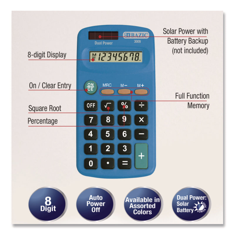 BAZIC® Products Dual Power Pocket Size Calculator, 8-Digit, LCD (BAZ3009) Each