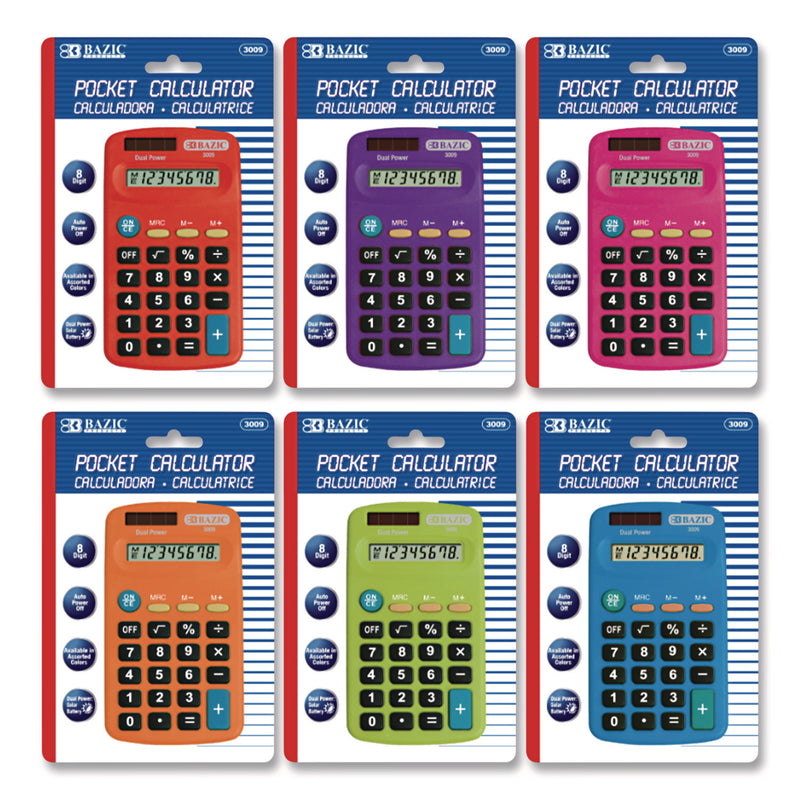BAZIC® Products Dual Power Pocket Size Calculator, 8-Digit, LCD (BAZ3009) Each