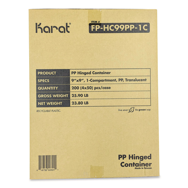 Polypropylene Plastic Hinged Container, 9.35 x 9.22 x 3.17, Clear, Plastic, 50/Pack, 4 Packs/Carton (KRTFPHC99PP1C) Case of 200
