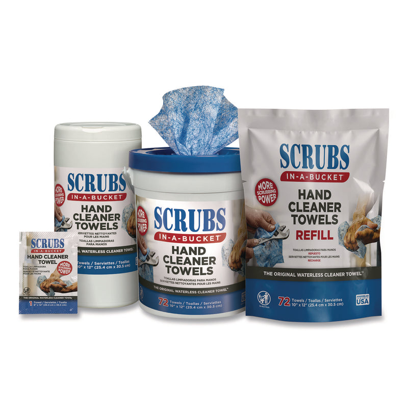 Scrubs Hand Cleaner Towels, SCRUBS in-a-Bucket Refill, 1-Ply, 10 x 12, Citrus, Blue/White, 72/Pack, 6 Packs/Carton (ITW42270) Case of 6