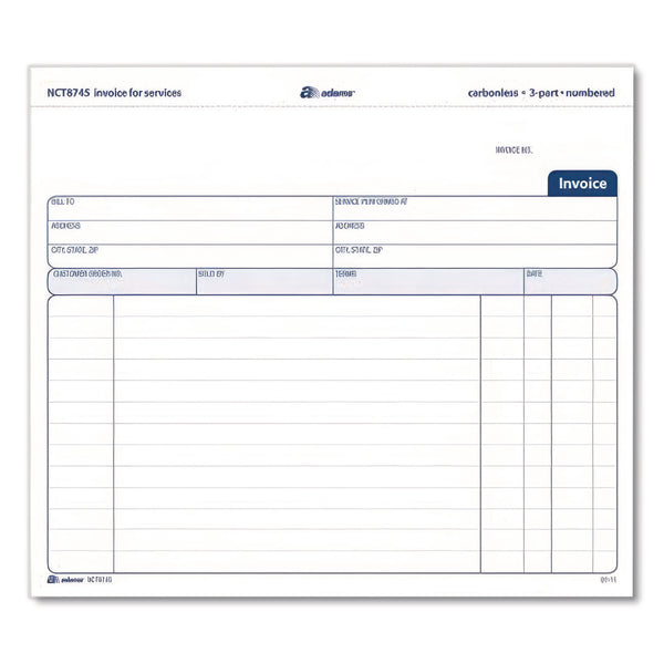 Adams Business Forms Multipart Service Invoice Pad, Three-Part Carbonless, 8.5 x 6.94, 50 Forms Total (ABFNCT8745) Pack of 50